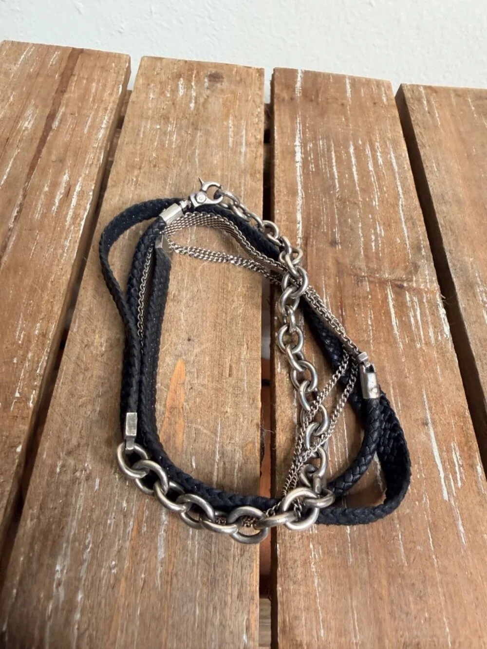 Title of Work Black Leather & Sterling Silver Triple-Wrap Bracelet / Necklace